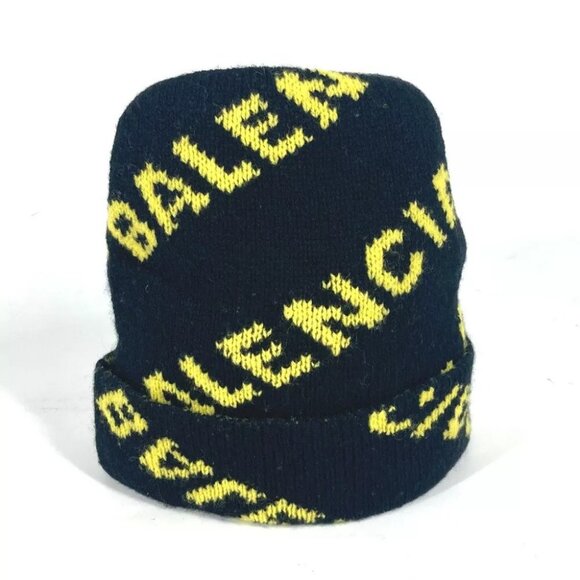 BALENCIAGA 555282 Logo beanie hat knit hat knit cap Knit hat wool Black/yellow - Picture 1 of 13